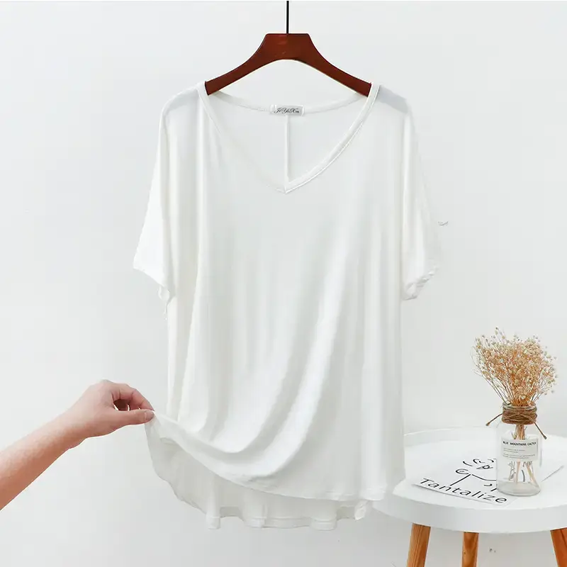 2023 Spring Bit Cotton Loose V-neck T-shirt Women Plus Size - Image 7