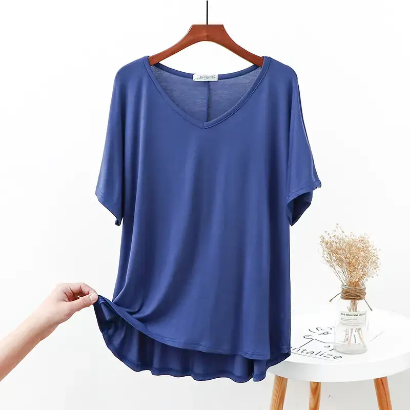 2023 Spring Bit Cotton Loose V-neck T-shirt Women Plus Size - Image 9