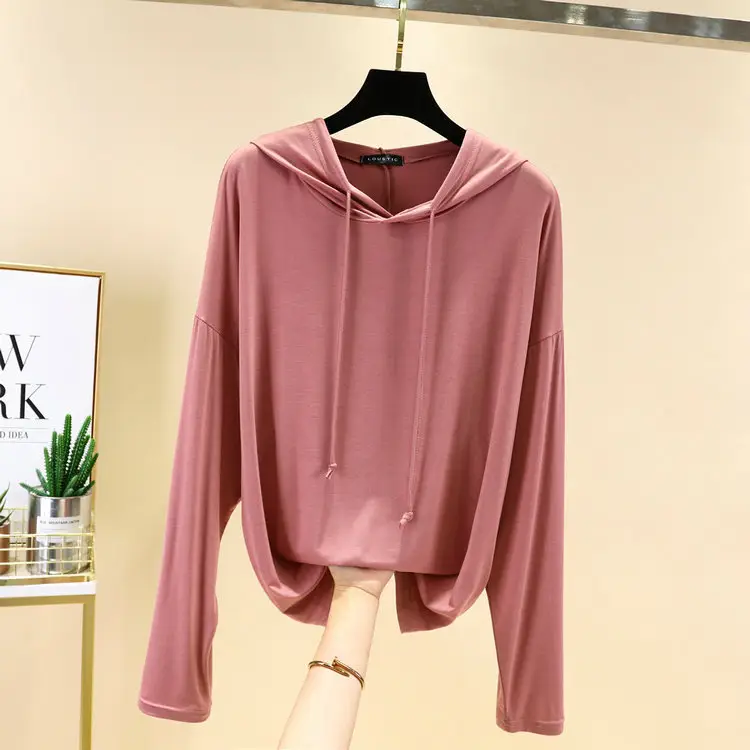 Women's Pink Hooded T-Shirt Long Sleeve Loose Fit - Image 11