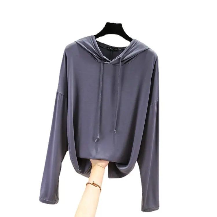 Women's Pink Hooded T-Shirt Long Sleeve Loose Fit - Image 14