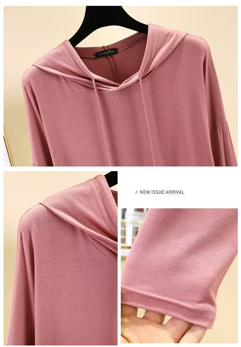 Women's Pink Hooded T-Shirt Long Sleeve Loose Fit — feature 16