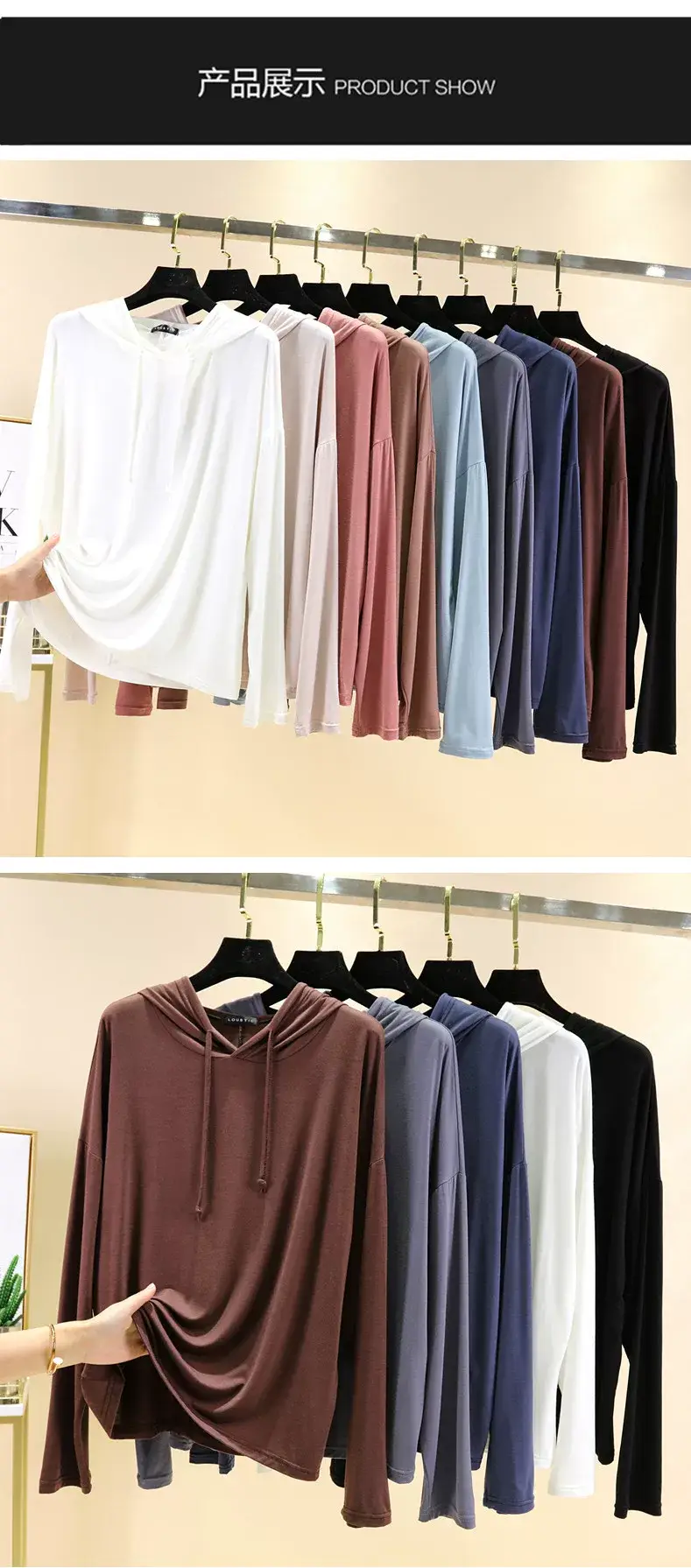 Women's Pink Hooded T-Shirt Long Sleeve Loose Fit — feature 17