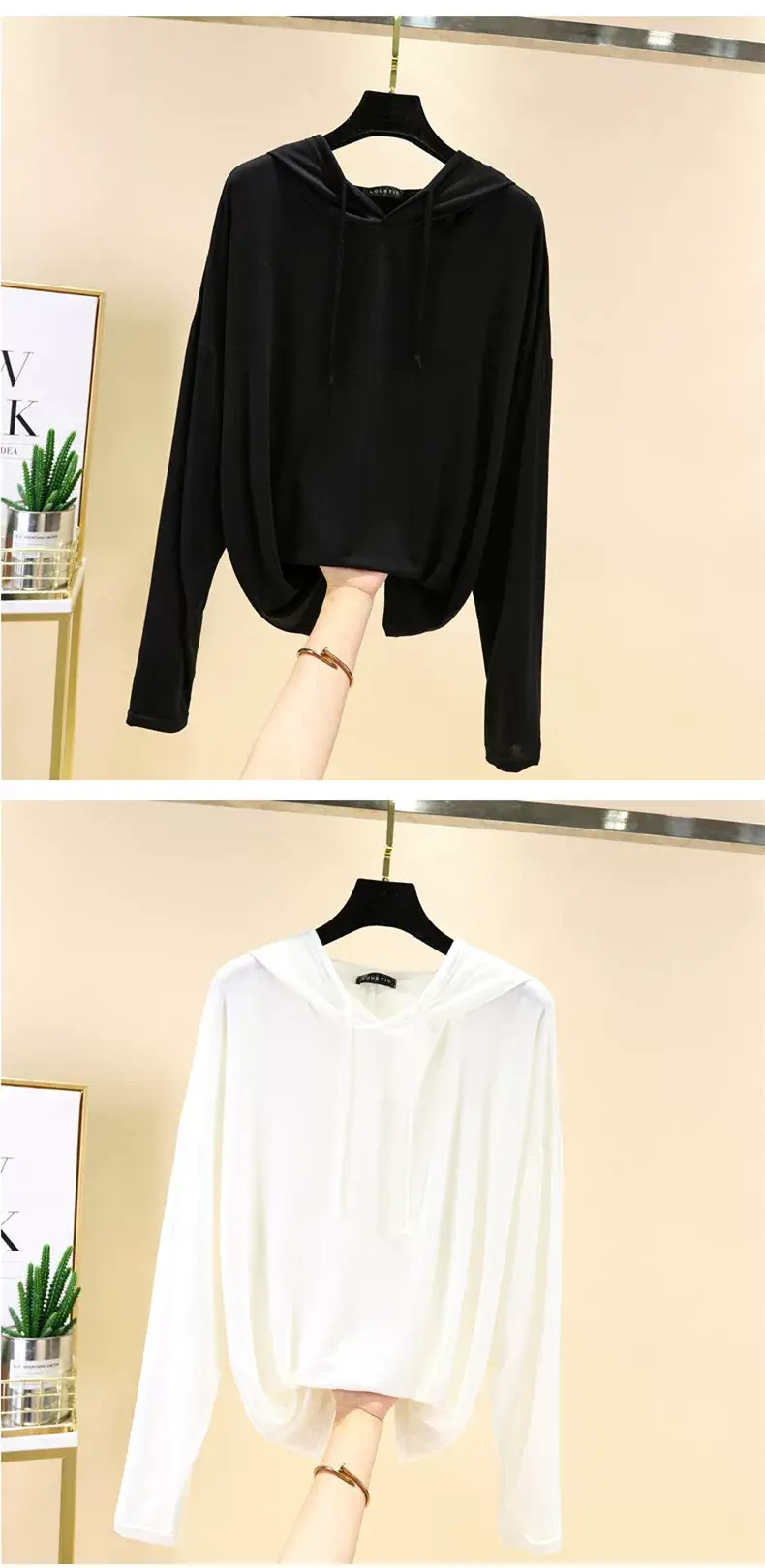 Women's Pink Hooded T-Shirt Long Sleeve Loose Fit — feature 18