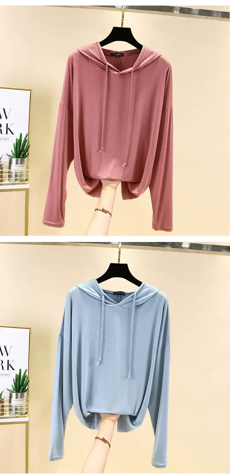 Women's Pink Hooded T-Shirt Long Sleeve Loose Fit — feature 19