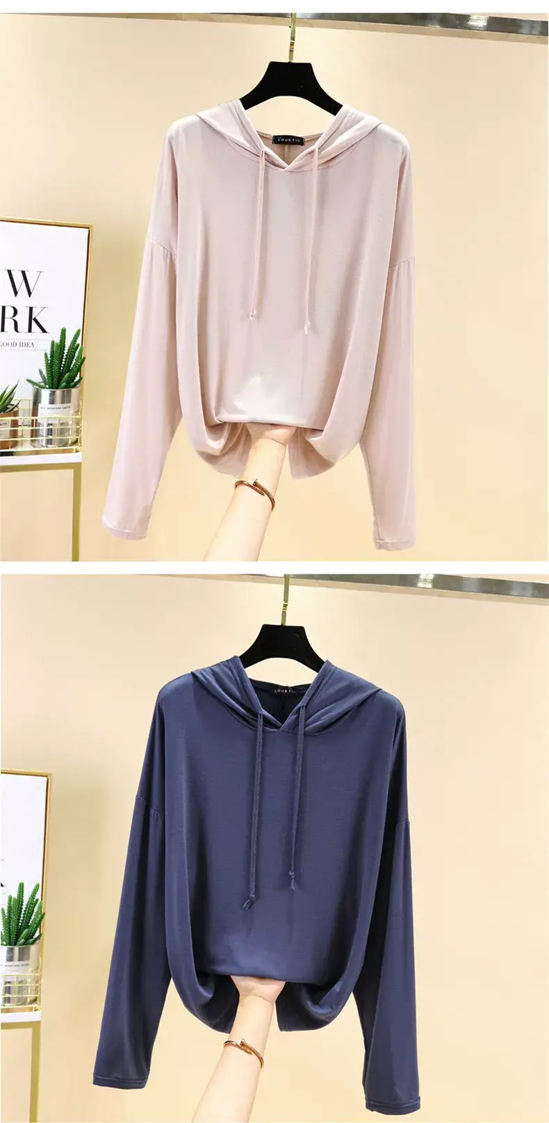 Women's Pink Hooded T-Shirt Long Sleeve Loose Fit — feature 20