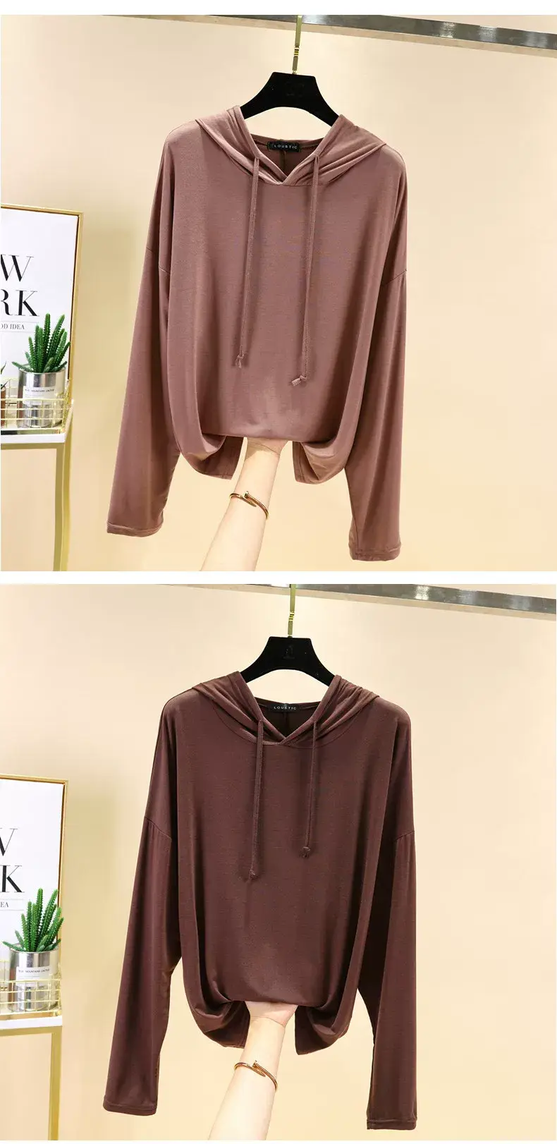 Women's Pink Hooded T-Shirt Long Sleeve Loose Fit — feature 21