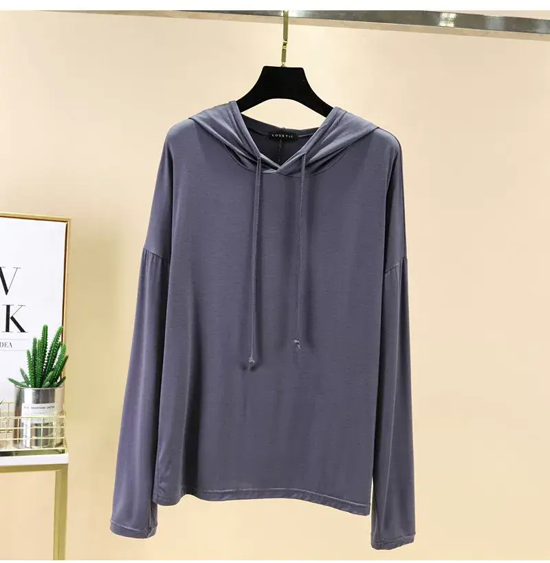 Women's Pink Hooded T-Shirt Long Sleeve Loose Fit — feature 22