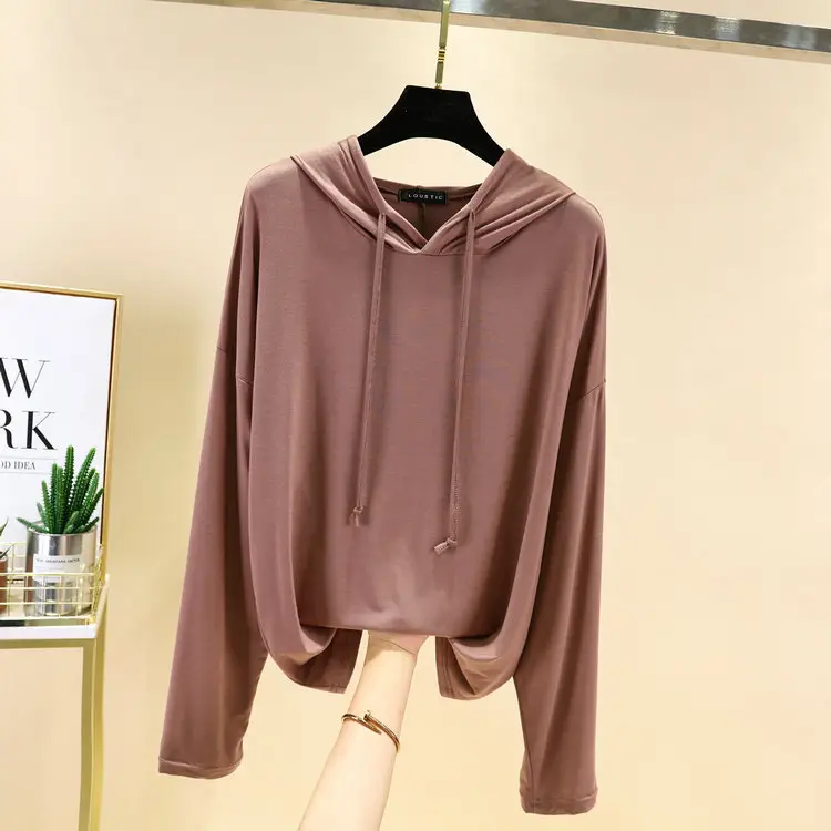 Women's Pink Hooded T-Shirt Long Sleeve Loose Fit - Image 2