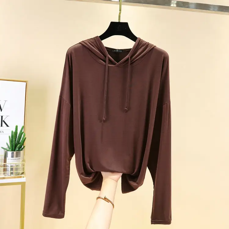 Women's Pink Hooded T-Shirt Long Sleeve Loose Fit - Image 6