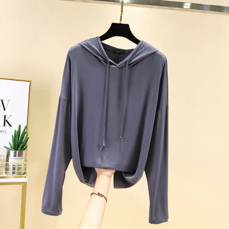 Women's Pink Hooded T-Shirt Long Sleeve Loose Fit - Image 7