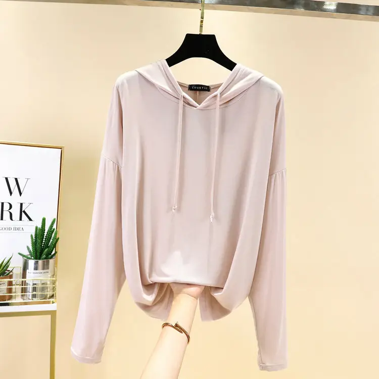 Women's Pink Hooded T-Shirt Long Sleeve Loose Fit - Image 9