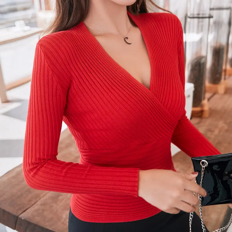 Red Knitted Long Sleeve V-Neck Sweater for Women - Image 16