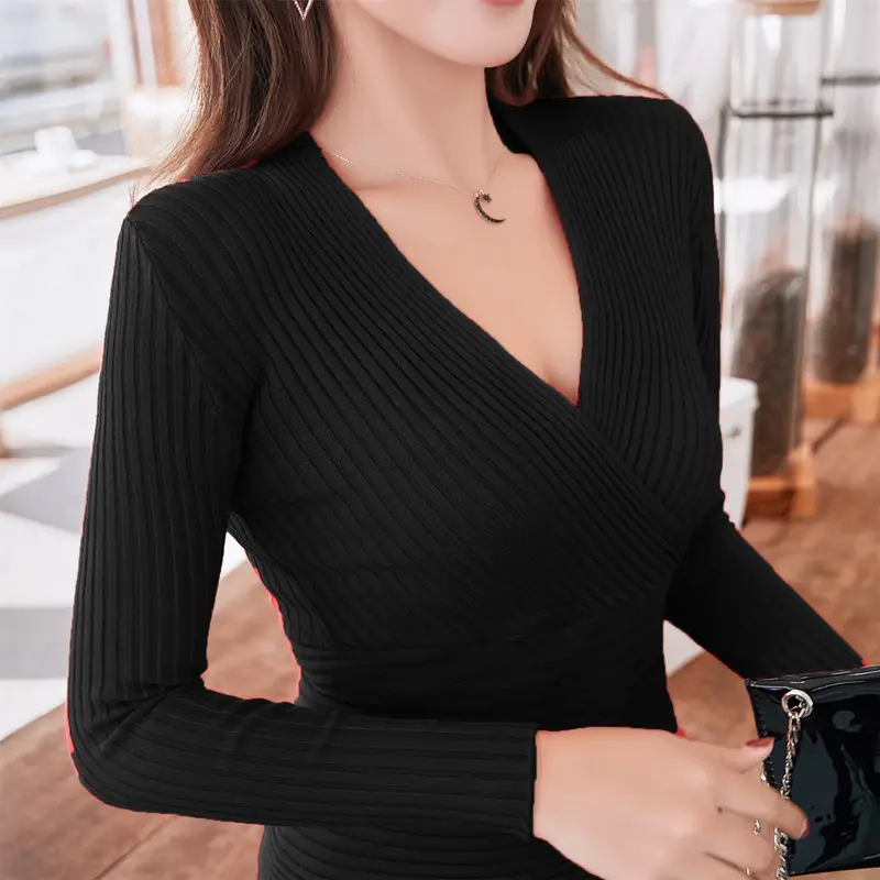 Red Knitted Long Sleeve V-Neck Sweater for Women - Image 17
