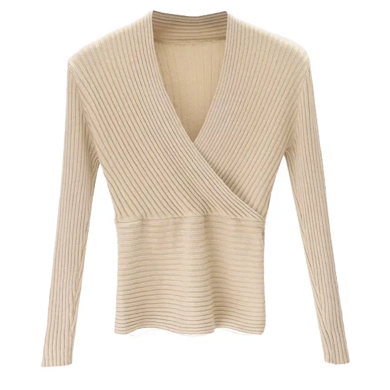 Red Knitted Long Sleeve V-Neck Sweater for Women - Image 19