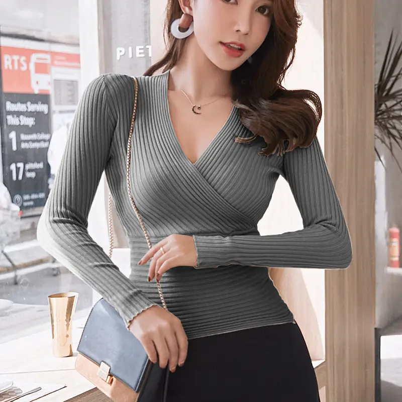 Red Knitted Long Sleeve V-Neck Sweater for Women - Image 10