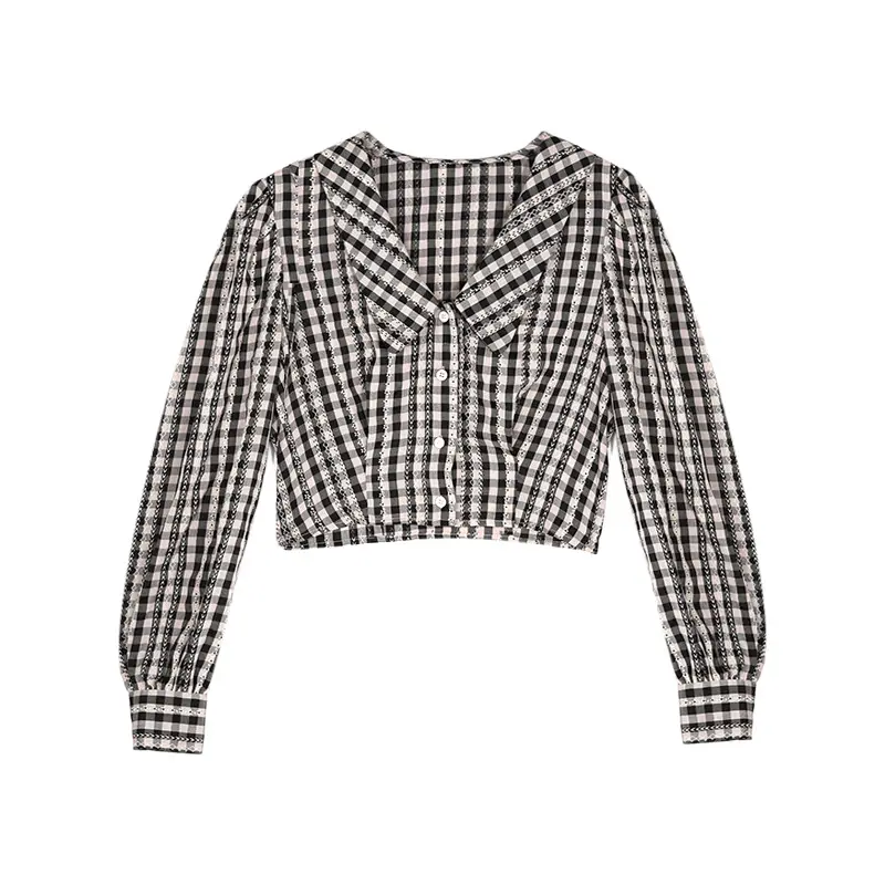 Women's Long Sleeve Plaid Collar Shirt Black White - Image 6