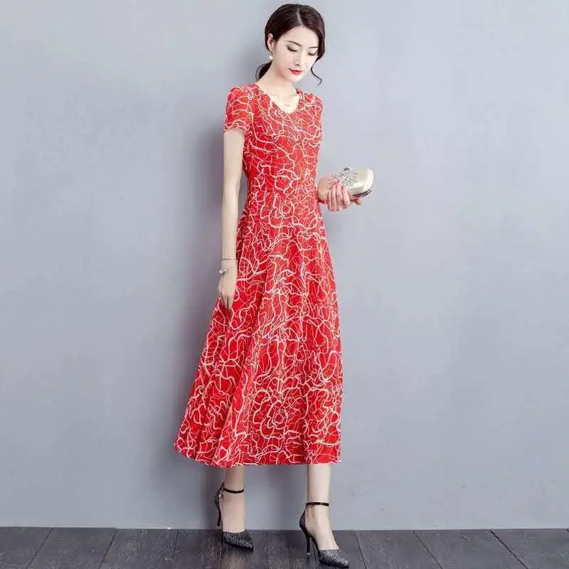 Red Printed A-Line Skirt Dress for Women