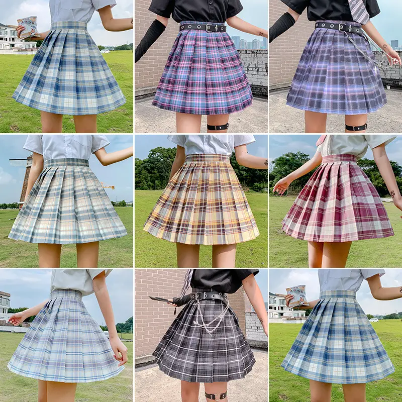 Japanese Style Plaid Skirt for Women Black Top