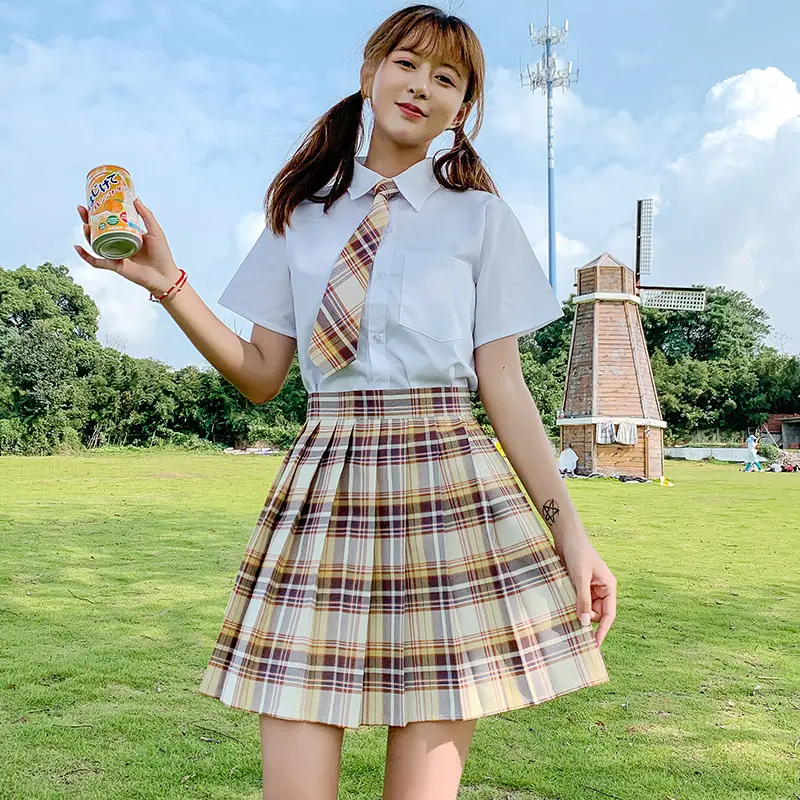 Japanese Style Plaid Skirt for Women Black Top
