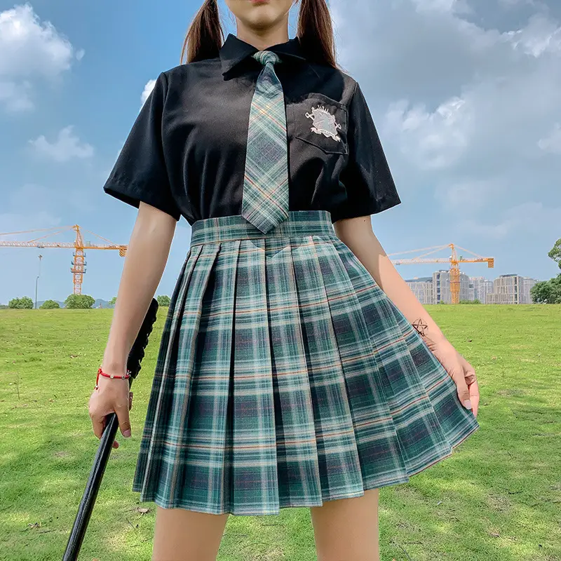 Japanese Style Plaid Skirt for Women Black Top