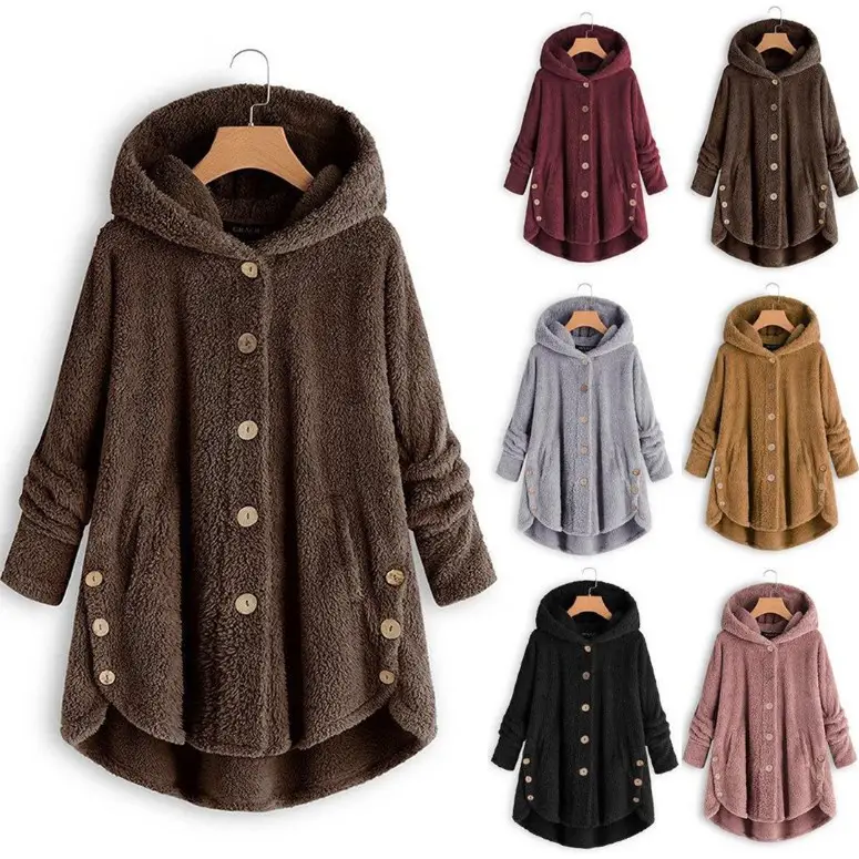 Women Button Plush Hooded Jacket Grey 2020 Winter - Image 2