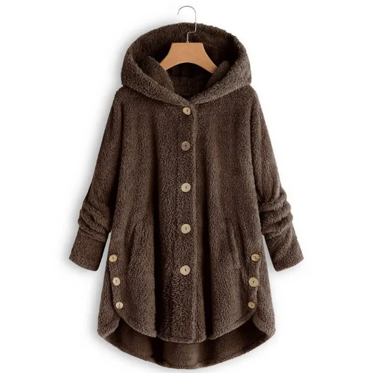 Women Button Plush Hooded Jacket Grey 2020 Winter - Image 4
