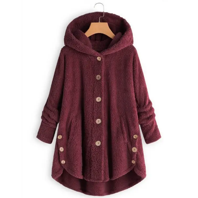 Women Button Plush Hooded Jacket Grey 2020 Winter - Image 5