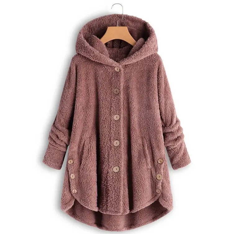 Women Button Plush Hooded Jacket Grey 2020 Winter — feature 5