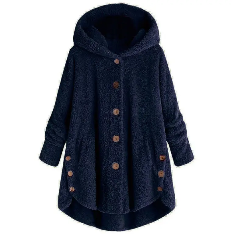 Women Button Plush Hooded Jacket Grey 2020 Winter — feature 9