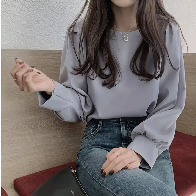 Women's Grey Long Sleeve Round Neck Top - Image 3