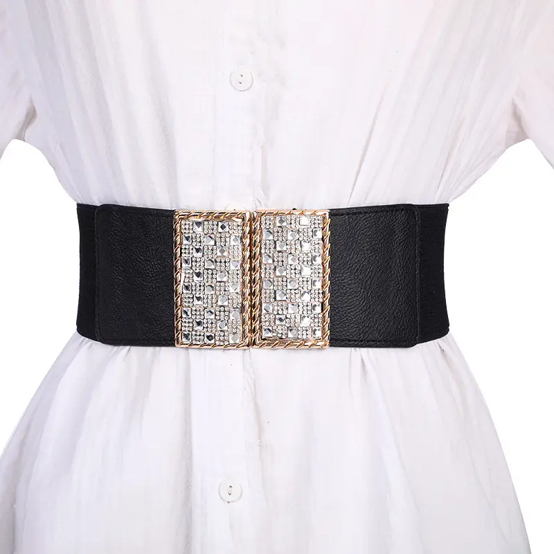 Ladies Elastic Wide Waist Cover Belt with Crystal Buckle - Image 8