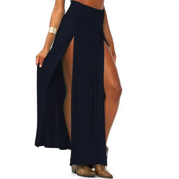 Black Tight Waist Long Skirt with Slit Hem