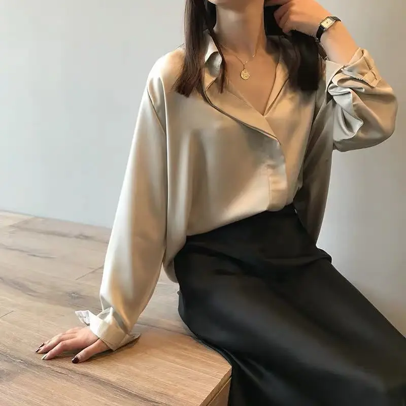 Women's V-Neck Silk Satin Shirt 2022 Autumn Loose Fit - Image 2