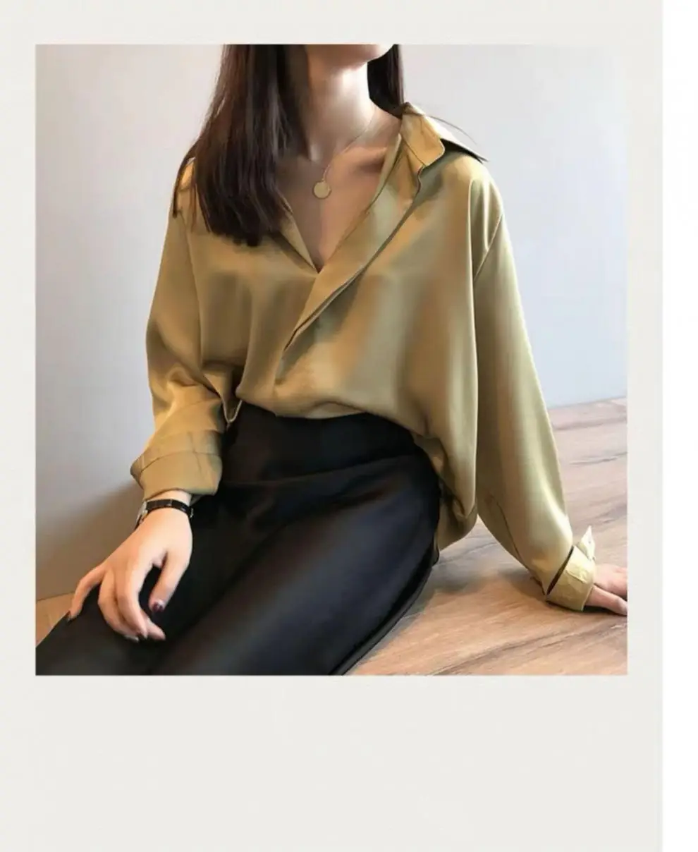 Women's V-Neck Silk Satin Shirt 2022 Autumn Loose Fit — feature 2