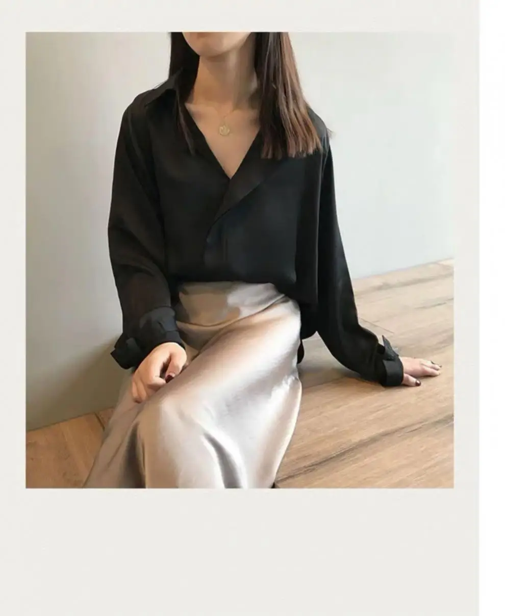 Women's V-Neck Silk Satin Shirt 2022 Autumn Loose Fit — feature 4