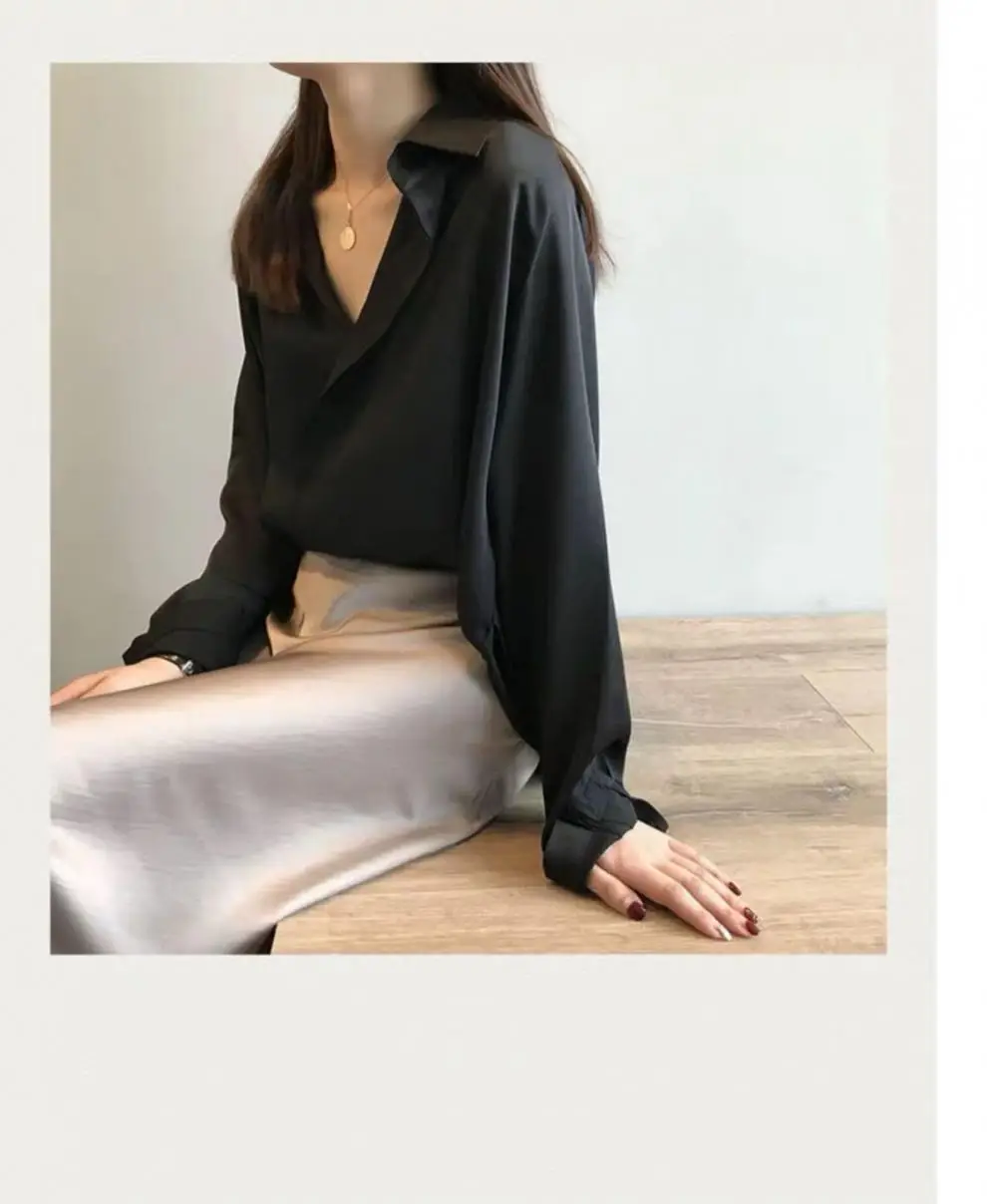 Women's V-Neck Silk Satin Shirt 2022 Autumn Loose Fit — feature 5