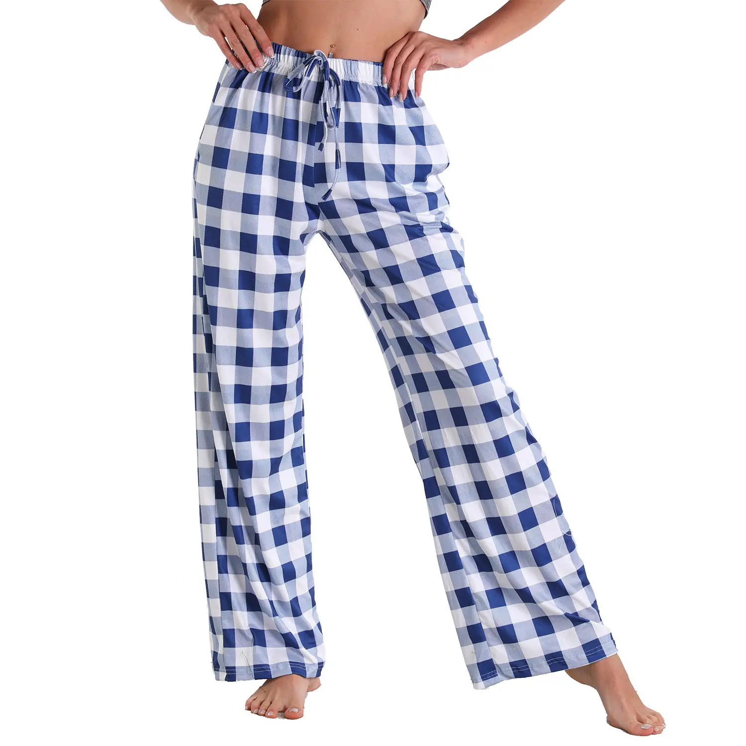Plaid Flared Pants for Women Red Blue White