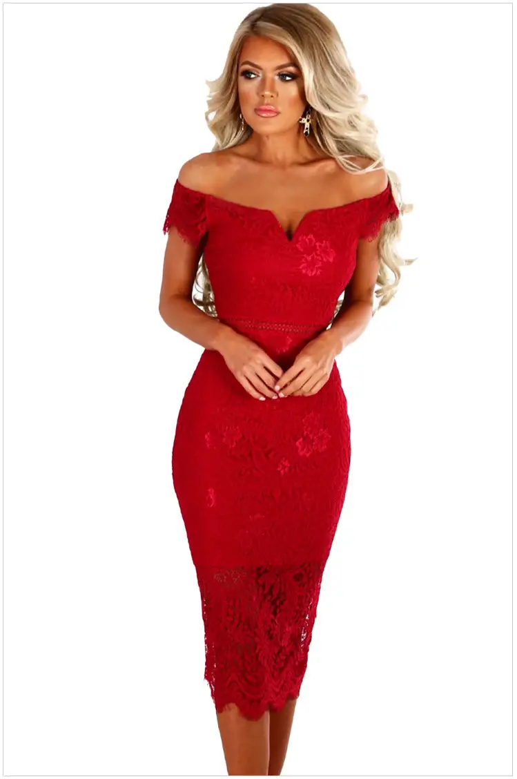 Black Lace Embroidered Hip Dress with V-Neck