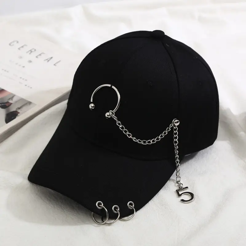 Black Korean Style Duck Hat with Hoop & Chain - Image 4