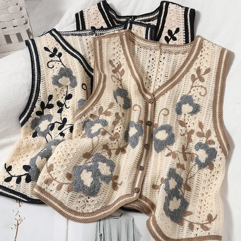 New Korean Style Knitted Vest Women's Vintage Embroidered Crochet Shirt - Image 94