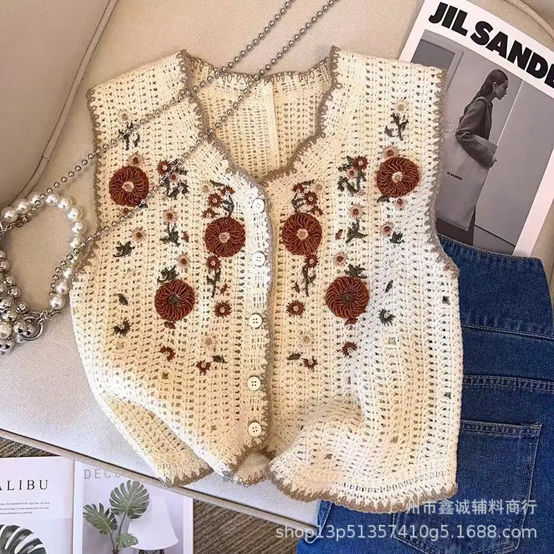 New Korean Style Knitted Vest Women's Vintage Embroidered Crochet Shirt - Image 28
