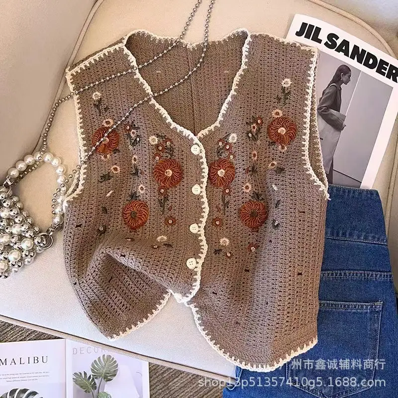 New Korean Style Knitted Vest Women's Vintage Embroidered Crochet Shirt - Image 29