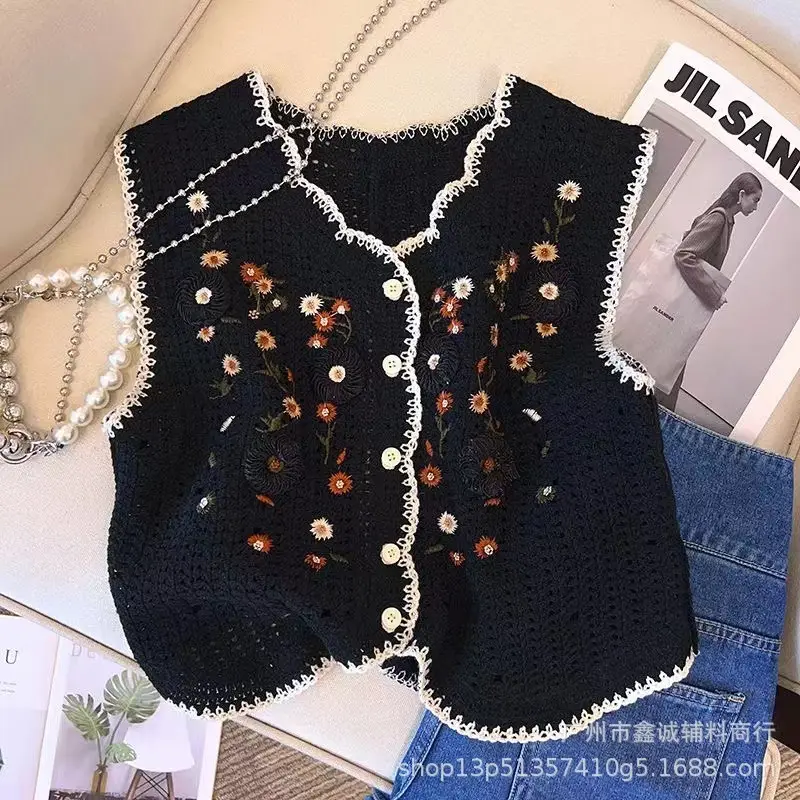 New Korean Style Knitted Vest Women's Vintage Embroidered Crochet Shirt - Image 30