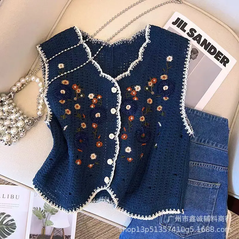 New Korean Style Knitted Vest Women's Vintage Embroidered Crochet Shirt - Image 31