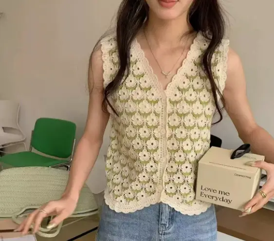 New Korean Style Knitted Vest Women's Vintage Embroidered Crochet Shirt - Image 91