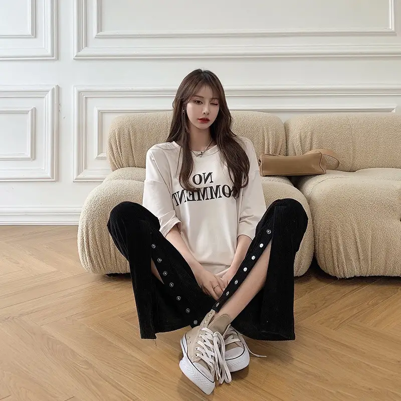 Women Loose Black T-Shirt Mid Length Round Neck Top - Image 6