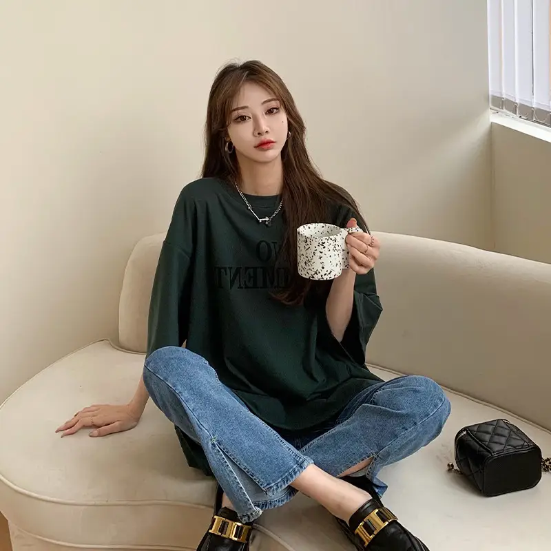 Women Loose Black T-Shirt Mid Length Round Neck Top - Image 3