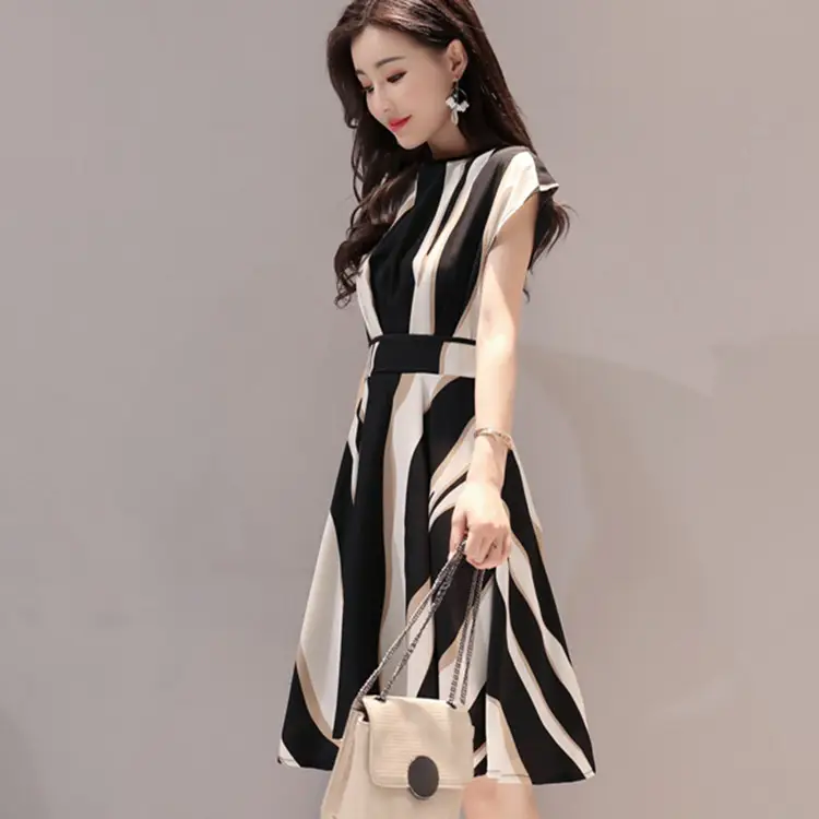 Women's Black White Striped Mid-Length Dress - Image 3