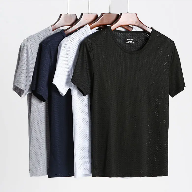 Men Ice Silk Mesh T-Shirt Grey Slim Fit - Image 10