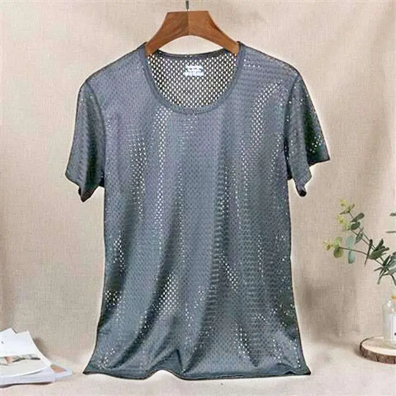 Men Ice Silk Mesh T-Shirt Grey Slim Fit - Image 2